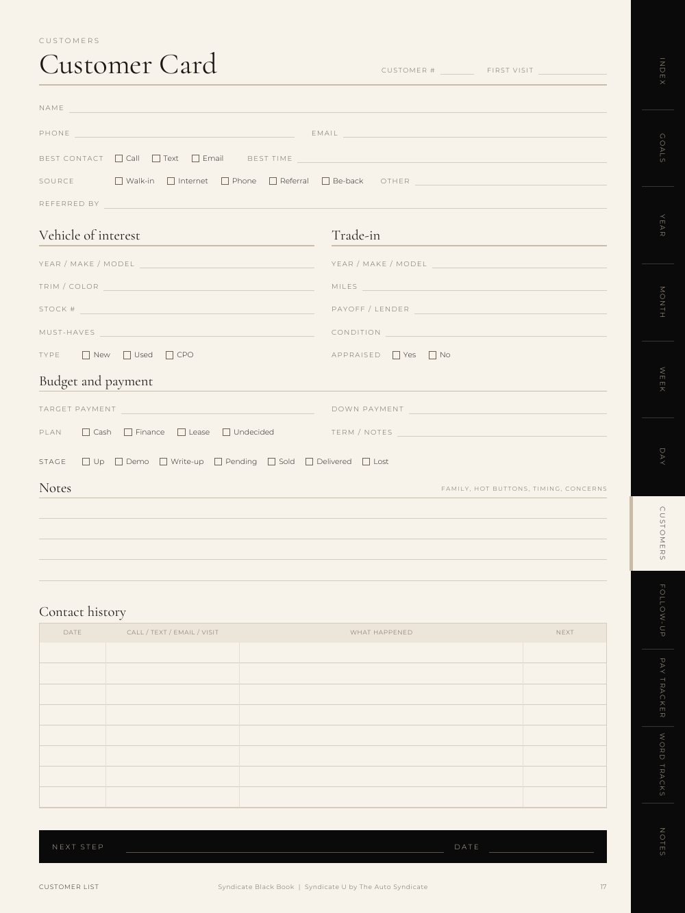 Customer card page from the Syndicate Black Book